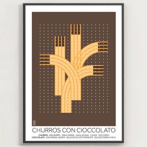 May include: A framed art print featuring an abstract illustration of churros. The artwork depicts interconnected, stylized churros in shades of yellow and brown against a brown background with white dots. Text at the bottom reads "CHURROS CON CIOCCOLATO".