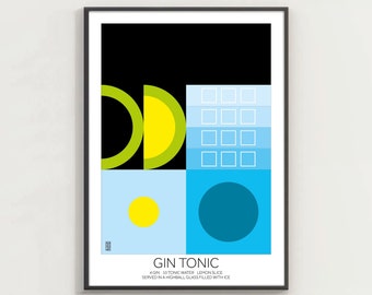 GIN & TONIC Black Cocktail Print - Minimalist Digital Art for Home Decor, Bauhaus style