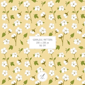Può includere: Un motivo senza cuciture con fiori di cotone bianchi, foglie verdi e boccioli su sfondo giallo chiaro. Il design include steli ed elementi sparsi. Il testo "SEAMLESS PATTERN 2000 x 2000 px 300 DPI" è visualizzato in un rettangolo bianco.