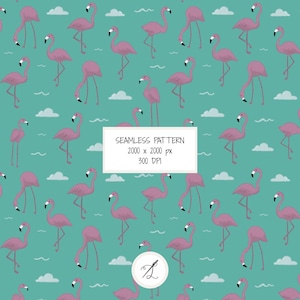Può includere: Motivo senza cuciture con fenicotteri rosa su sfondo turchese, nuvole bianche e linee ondulate. L'immagine include il testo "SEAMLESS PATTERN 2000 x 2000 px 300 DPI".