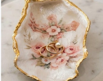 Elegant Handmade Oyster Shell with Floral Cross  Decoupage