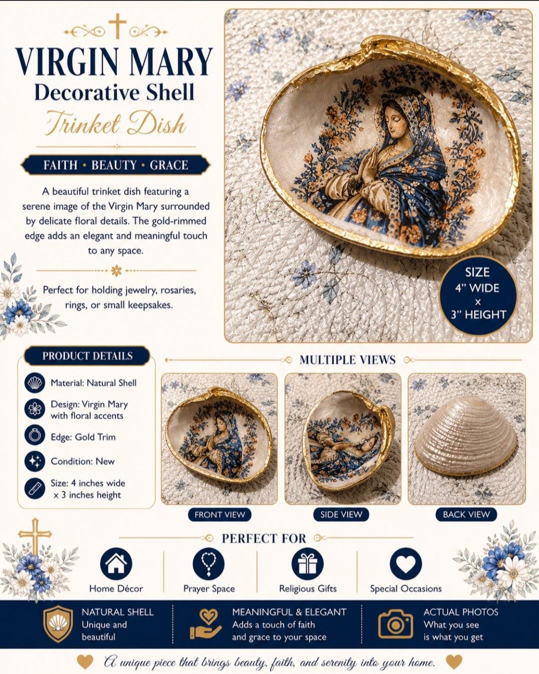 Mary Shell Intelligencer Virgin Mary Decorative Clam Shell Trinket Dish – Gold Rim Jewelry ...
