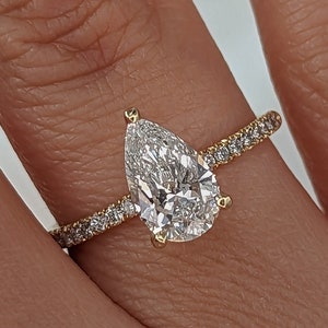 1.20 Carat Pear Shape Diamond Engagement Ring, 14K Yellow Gold with Pave and Hidden Halo