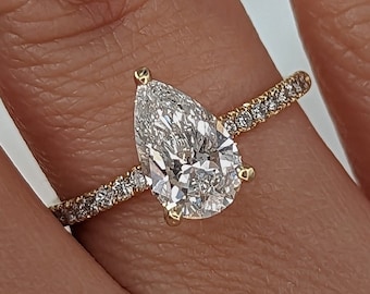 1.70ct Pear Diamond Engagement Ring, 14K Yellow Gold Pave Band, Hidden Halo Solitaire