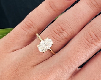 Radiant 1.70CT Oval Diamond Ring, Solid 14K White Gold Engagement Setting, Elegant Luxury Push Present Jewelry, Genuine Earth Mined Diamond