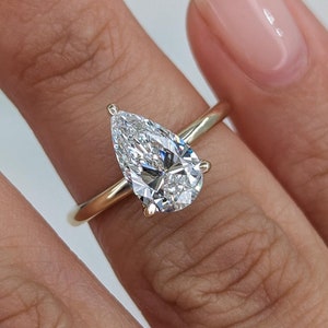 1.5 Carat Pear Shape Diamond Engagement Ring, 14K Yellow Gold Solitaire Ring With Hidden Halo