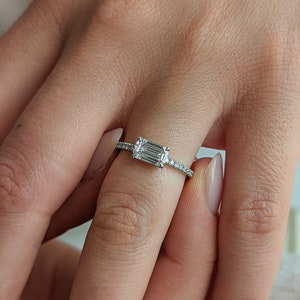 1.20 Carat Emerald Diamond Engagement Ring, 14K White Gold, With Pave, East West Setting Ring