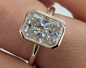 3 Carat Radiant Diamond Bezel Engagement Ring, 14K Yellow Gold Modern Solitaire Bridal Ring