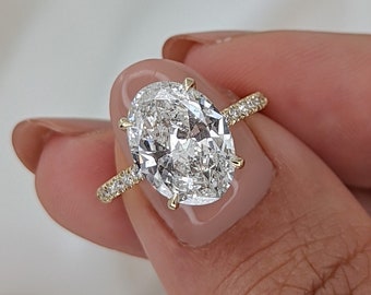 4.20 Carat Oval Diamond Engagement Ring, 14K Yellow Gold with Pave and Hidden Halo
