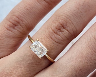1 Carat Radiant Diamond Engagement Ring, 14K Yellow Gold, East-West Setting, Solitaire Ring