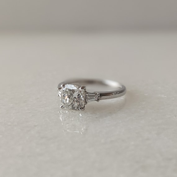 1.70 ct Cushion Diamond Engagement Ring, 14K White Gold, Baguette Side Stones, Earth Mined