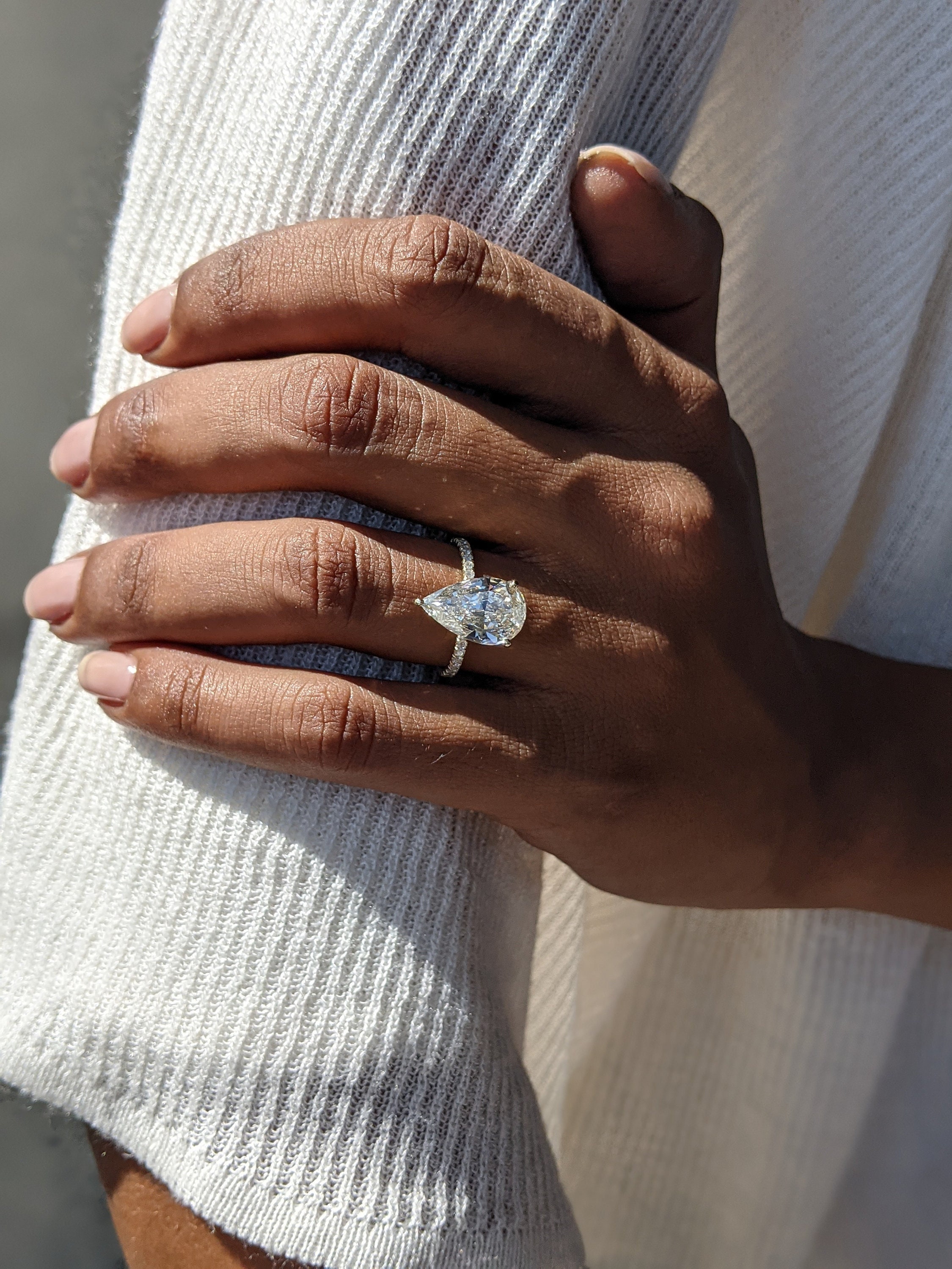 4.70 Carat Pear Diamond Engagement Ring: 14K Yellow Gold Hidden Halo
