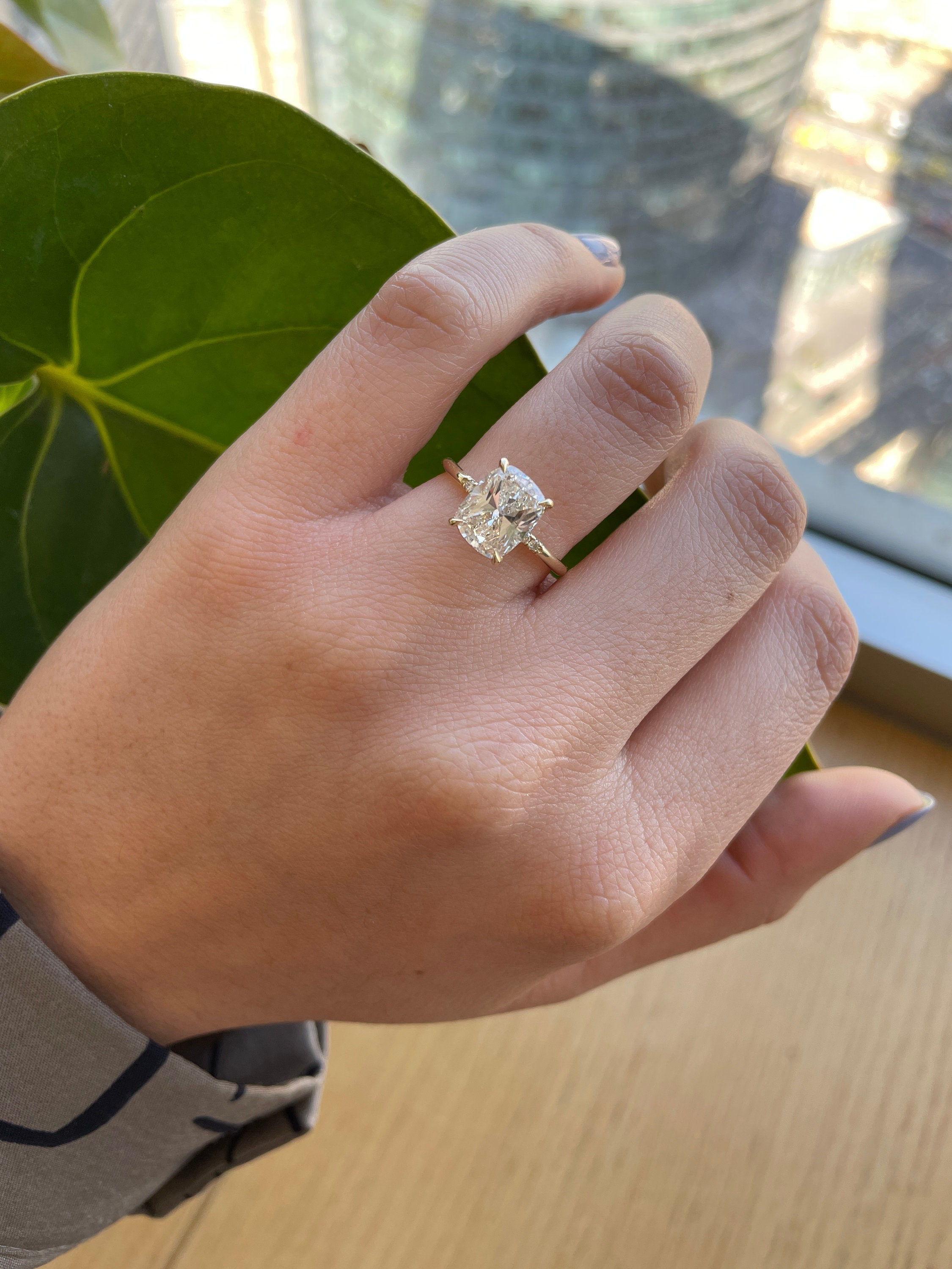 3.06 Carat Elongated Cushion Diamond Engagement Ring 14K Yellow