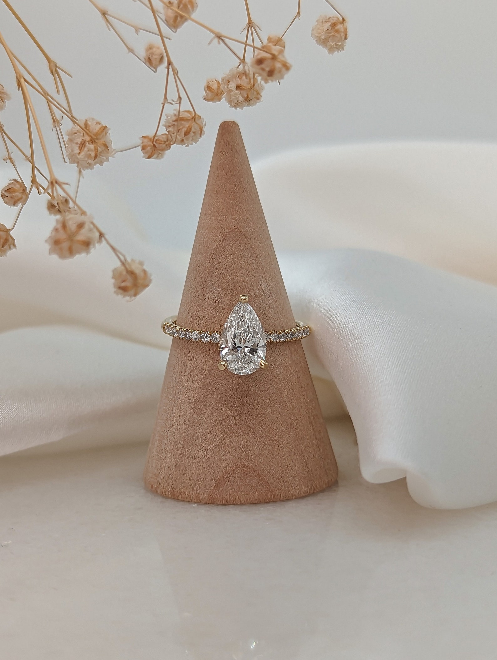 1.70ct Pear Diamond Engagement Ring, 14K Yellow Gold Pave Band, Hidden ...