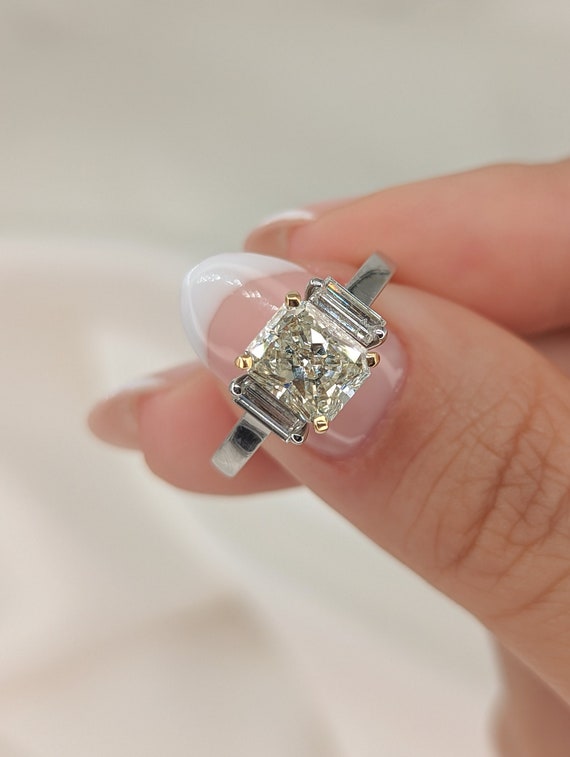 Radiant Cut Diamond Engagement Ring, 2.33ctw, 14K Two Tone Gold, Baguette Sides