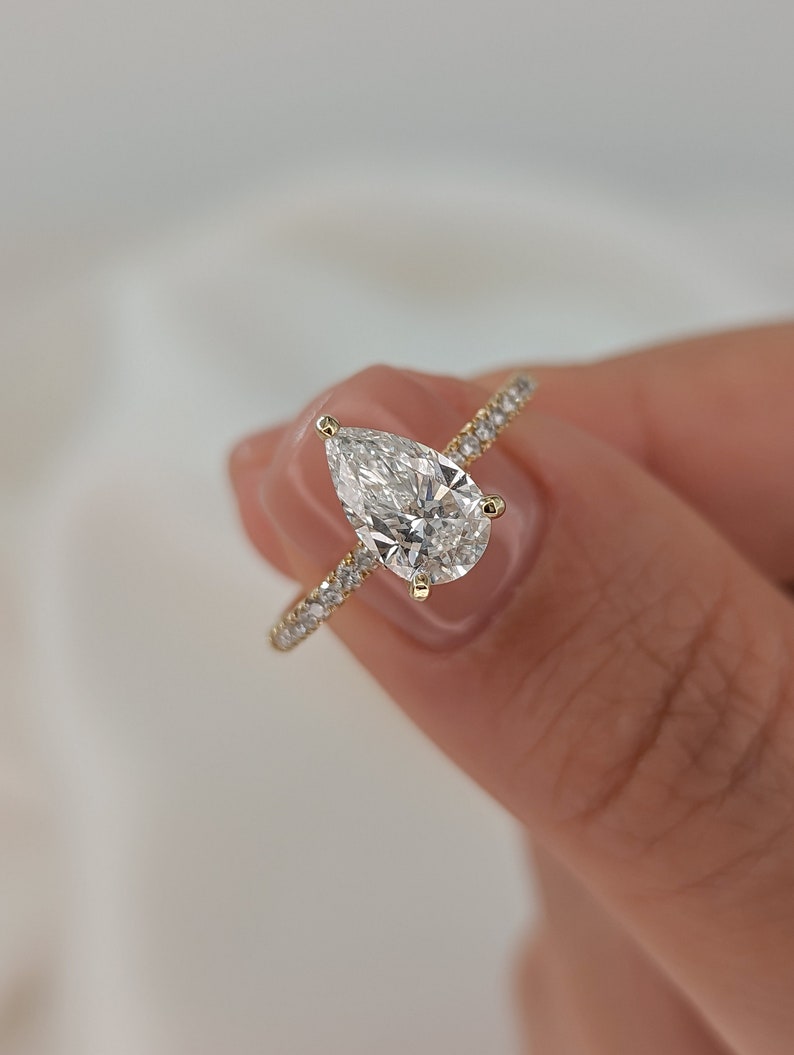 1.70ct Pear Diamond Engagement Ring, 14K Yellow Gold Pave Band, Hidden ...