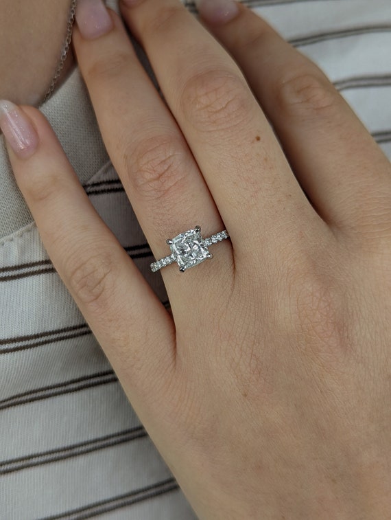 1.74 Carat Square Cushion Diamond Engagement Ring 14K White Gold