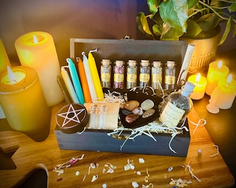 Hexen-Starterkit: Zauberkerzen, Kräuter, Kristalle, Schwarzes Salz