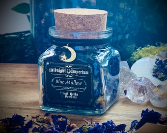 Organic Dried Blue Mallow / blue malva in a glass cork top jar