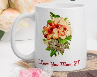 Personalized Mothers Day Lilies Mug, Custom Initials Mug For Moms, I Love You Mom, Floral Cup, Lily Lover, Printed Mug, Unique Personal Mugs