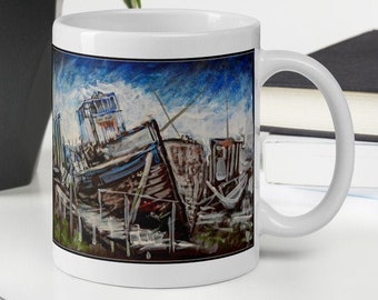 Boat Art Mug, Boat Coffee Mug, Gifts For Him, Ship Lover Gifts, Sailor Gifts, Mugs With Boats, Boating Cup, Boat Painting, Docked Boat,
