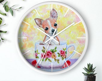 Wall Clock, Chihuahua Dog, Teacup, Brown, Doggy, Dog Lovers, Gifts, Home Decor, Printed, Wooden Frame, Fine Art, Painting, Artwork