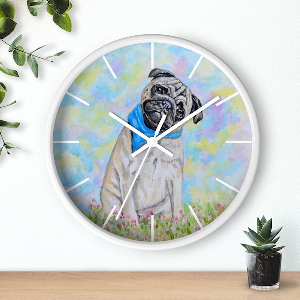 Wall Clock, Pug Dog, Pug Lovers, Pug Gifts, Cute, Home Decor, Printed, Wooden Frame, Fine Art, Home Living, Full Color, Painting, Artwork