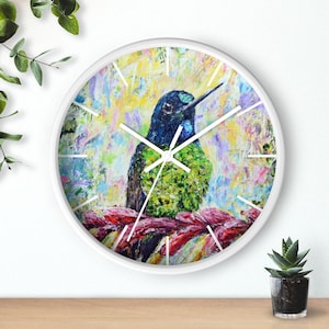 Wall Clock, Hummingbird Lovers, Green Blue, Gifts, Hummer, Home Decor, Printed, Wooden Frame, Fine Art, Painting, Artwork