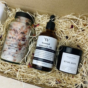 Sensual Indulgence Gift Box | Valentine's Day | Sensual Bath Salts - Massage Oil - Soy Candle