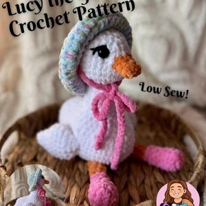 May include: A crocheted goose toy, named "Lucy the Goosey," with a white body, pink feet, and an orange beak. It wears a blue and pink hat and a pink bow. The text "Low Sew!" is visible.