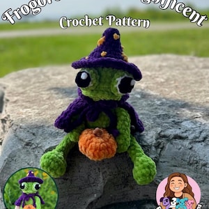 May include: A green crocheted frog plush wearing a purple wizard hat with yellow spots and a matching purple cape. The frog holds a small orange pumpkin. Text reads: Frogdreick the Magnificent Crochet Pattern, Low Sew, Faiths Cuddly Creations.