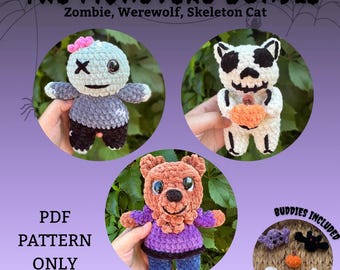 May include: A collection of crochet monster patterns is displayed, featuring a zombie, werewolf, and skeleton cat. The text reads "PDF PATTERN ONLY". Small crochet buddies are also included. The background is a purple and green gradient.