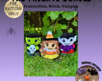 May include: A crochet pattern bundle featuring Frankenstein, a witch, and a vampire. The image shows three handmade dolls with detailed features, including a green Frankenstein with a ghost, a witch with a candy corn hat, and a vampire holding a purple bat.