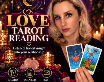 May include: Two tarot cards held in hand, one featuring a heart pierced by three swords and the other a colorful figure. Text reads LOVE TAROT READING, Detailed, honest insight into your relationship, 5 CARD READING, DETAILED WRITTEN READING, FAST DELIVERY AVAILABLE.