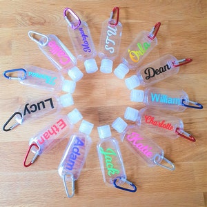 Personalised Refillable hand sanitiser bottles for hand gel, with carabiner clip, for school, work, wedding favours, stocking fillers, gifts