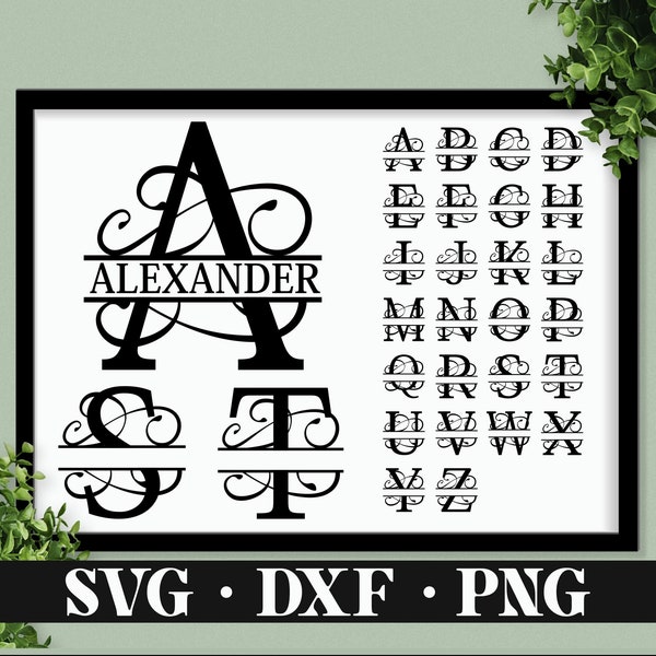 Split Monogram SVG, DXF, PNG, 26 Cut Files, Split Monogram Frame Alphabet, Cut File for Cricut, Silhouette