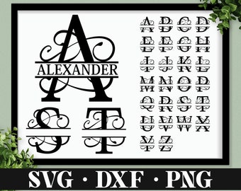 Monograma dividido SVG, DXF, PNG, 26 archivos de corte, Alfabeto de marco de monograma dividido, Archivo de corte para Cricut, Silhouette