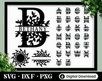 Monograma dividido SVG, DXF, PNG, 28 archivos de corte, Alfabeto de marco de monograma dividido, Archivo de corte para Cricut, Silhouette
