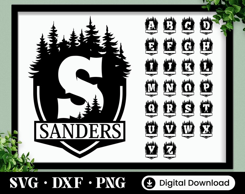 Puede incluir: Dise&ntilde;o de monograma en blanco y negro con una silueta de bosque y el nombre "SANDERS" debajo. El dise&ntilde;o incluye un alfabeto completo de letras con la misma silueta de bosque.