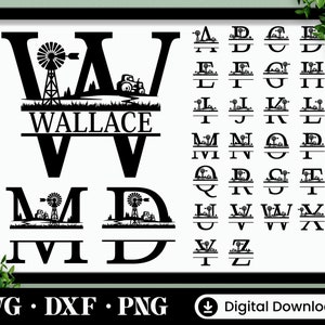 Monograma dividido de escena de granja SVG, DXF, PNG, 26 archivos de corte, alfabeto de marco de monograma dividido, archivo de corte para Cricut, Silhouette
