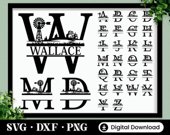 Monograma dividido de escena de granja SVG, DXF, PNG, 26 archivos de corte, alfabeto de marco de monograma dividido, archivo de corte para Cricut, Silhouette