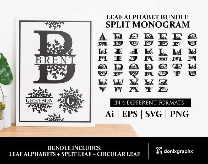 Download Leaf Split Monogram font svg ai png eps split letters | Etsy