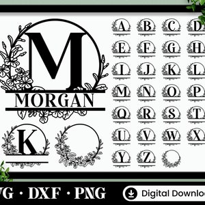 Split Monogram SVG, DXF, PNG, 27 Cut Files, Floral Circle Monogram, Laser ready