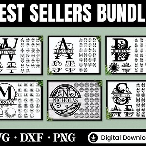 May include: A digital download bundle of six monogram designs featuring a variety of fonts and styles. Each design includes a full alphabet and a monogram with a name. The names included are Williams, Alexander, Bethany, Morgan, Nicholas, and Sanders.
