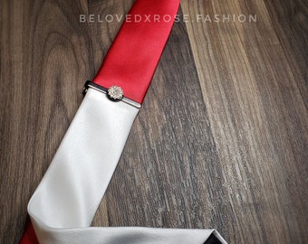 Red & White Video Game Inspired Skinny Necktie with Black Tie Clip