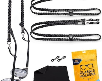 May include: Two black braided leather eyeglass straps with metal clasps and a black microfiber cleaning cloth. The straps are 27 inches long and have a leather loop for adjusting the length. The cleaning cloth has the text "SiGonna" printed on it.