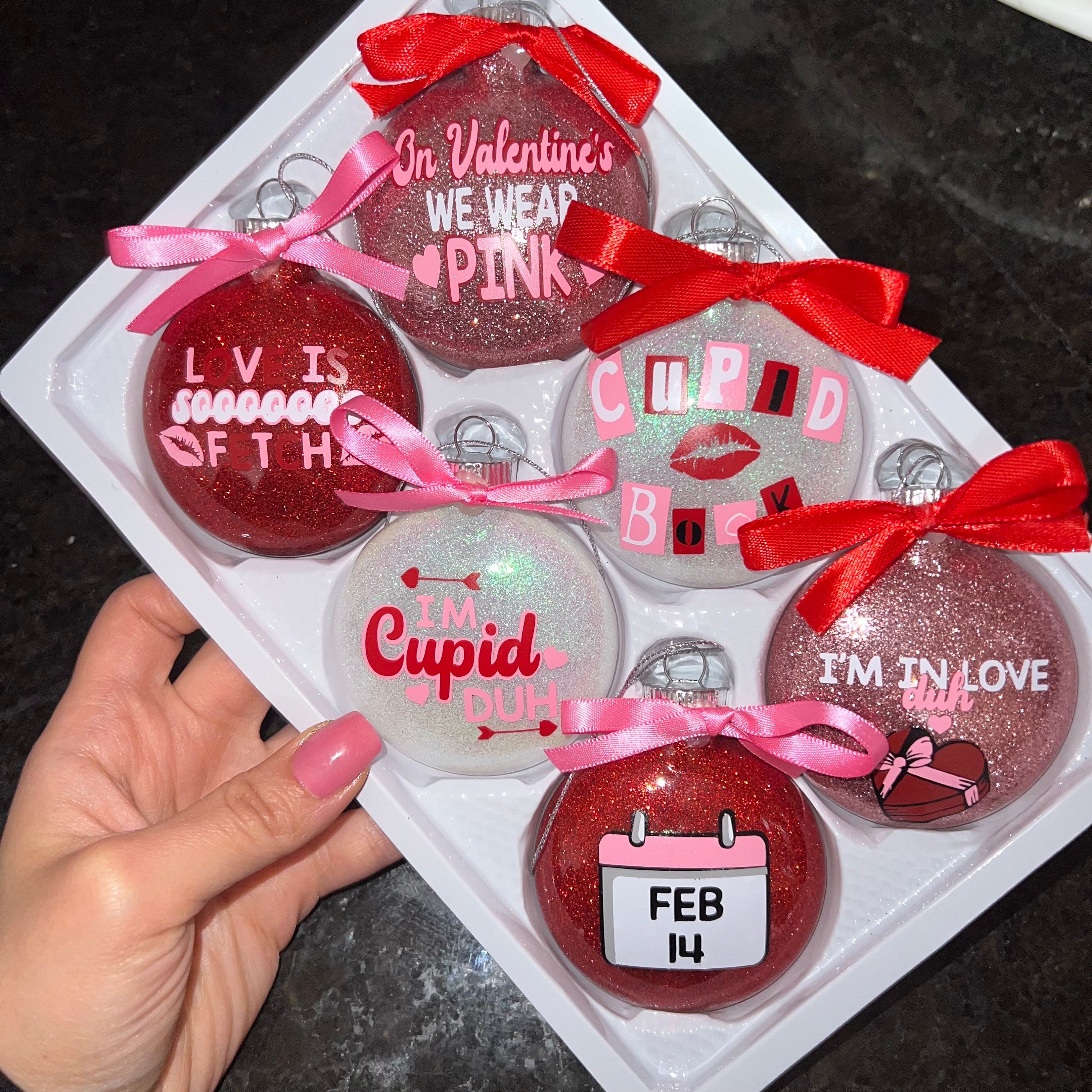 SET OF 6 Glass Valentines Mean Girls Inspired Pink Red Ornaments Love | Cupid Book Holiday | Bows and Hooks Included | Galentines