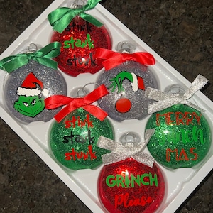 SET OF 6 | Grinch Inspired Christmas Tree Ornaments | Bows and Hanger Included | Holiday Decorations Ornaments Handmade Glitter Grinchmas