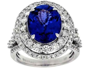 Estate Large 8.0Ct Diamond & Aaa Tanzanite 14Kt White Gold Double Halo Engagement Ring