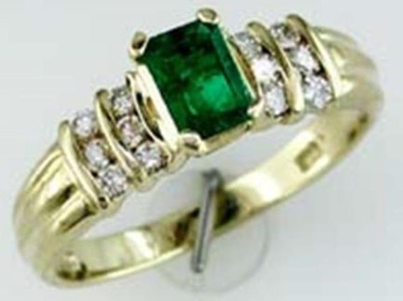 Estate .73Ct Diamond  AAA Emerald 14Kt Yellow Gol… - image 1